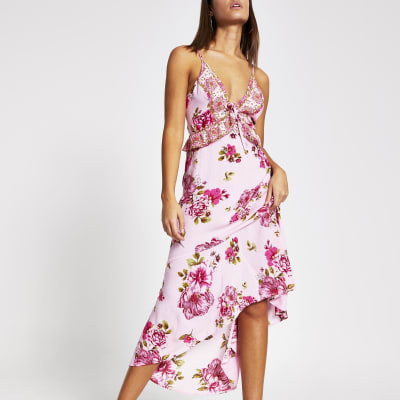 Pink floral plunge neck maxi beach dress | River Island