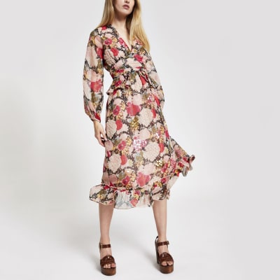 Pink floral print embellished waisted dress
