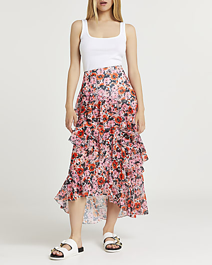 Pink floral print ruffle maxi skirt