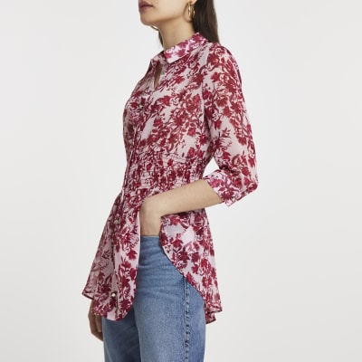 Pink floral print shirred waist shirt | River Island