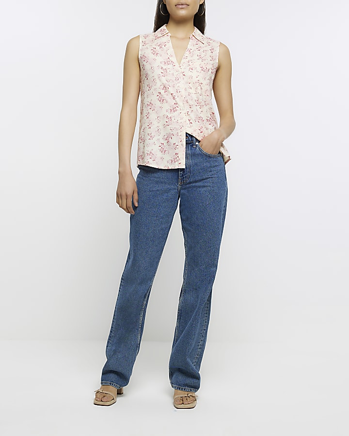 Pink floral print sleeveless shirt