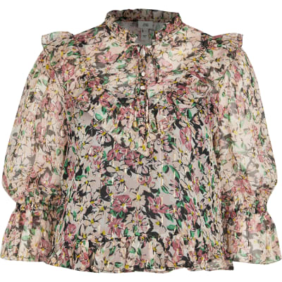 Pink floral puff sleeve tea top