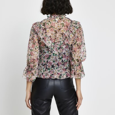 Pink floral puff sleeve tea top