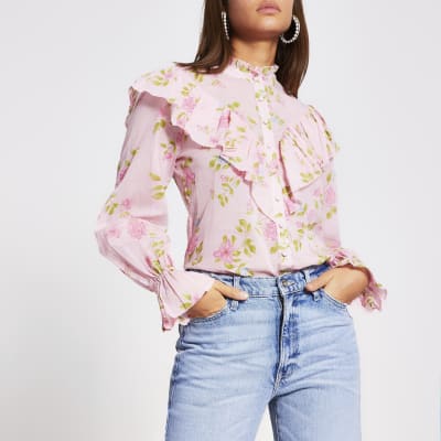 Pink floral ruffle blouse | River Island