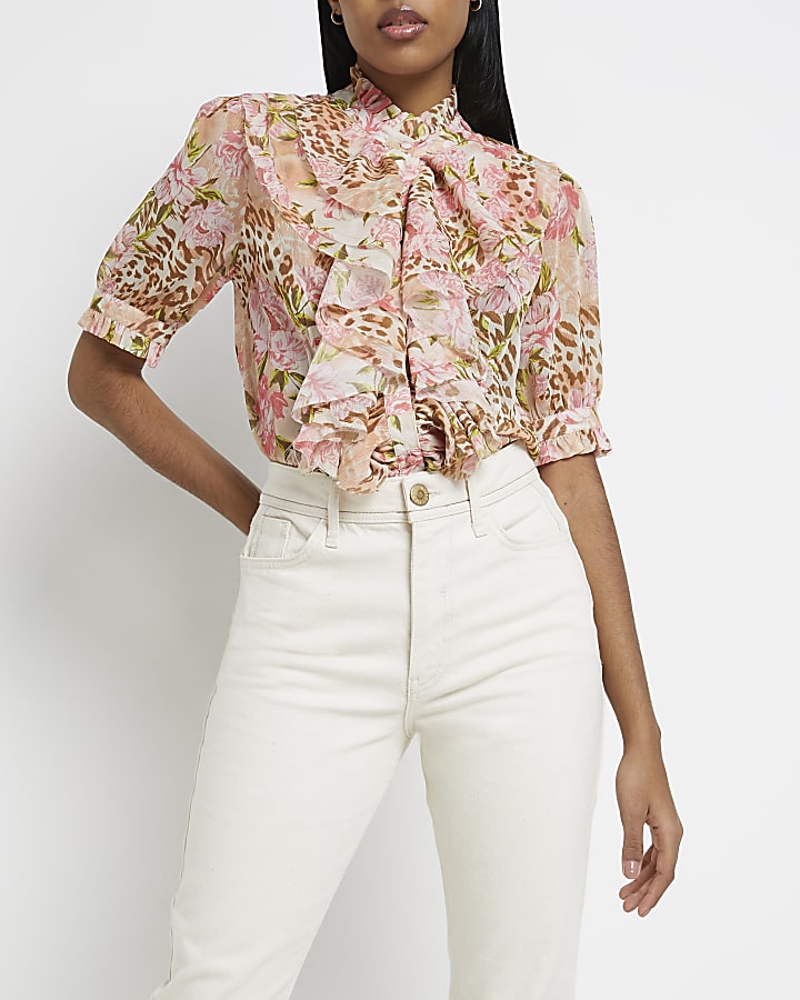 Pink floral ruffled blouse