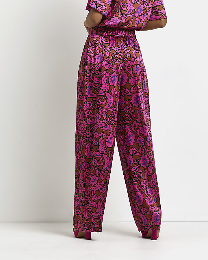 Pink floral satin wide leg pleated trousers