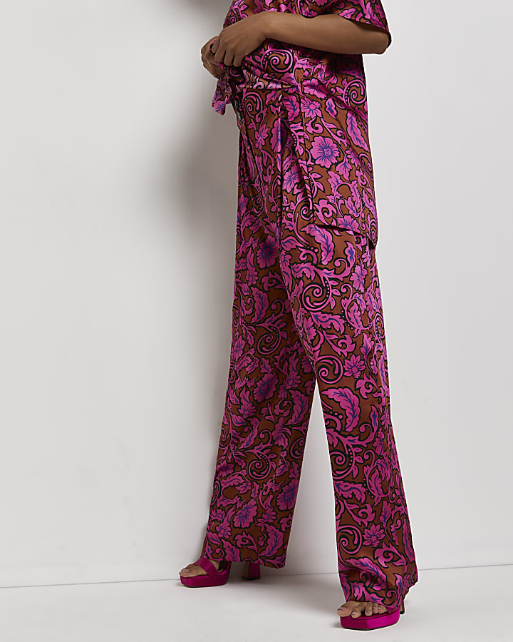 Pink floral satin wide leg pleated trousers