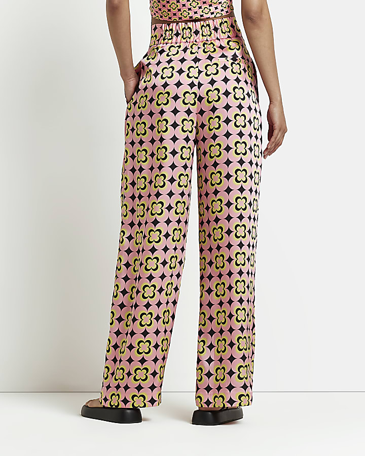 Pink floral satin wide leg trousers