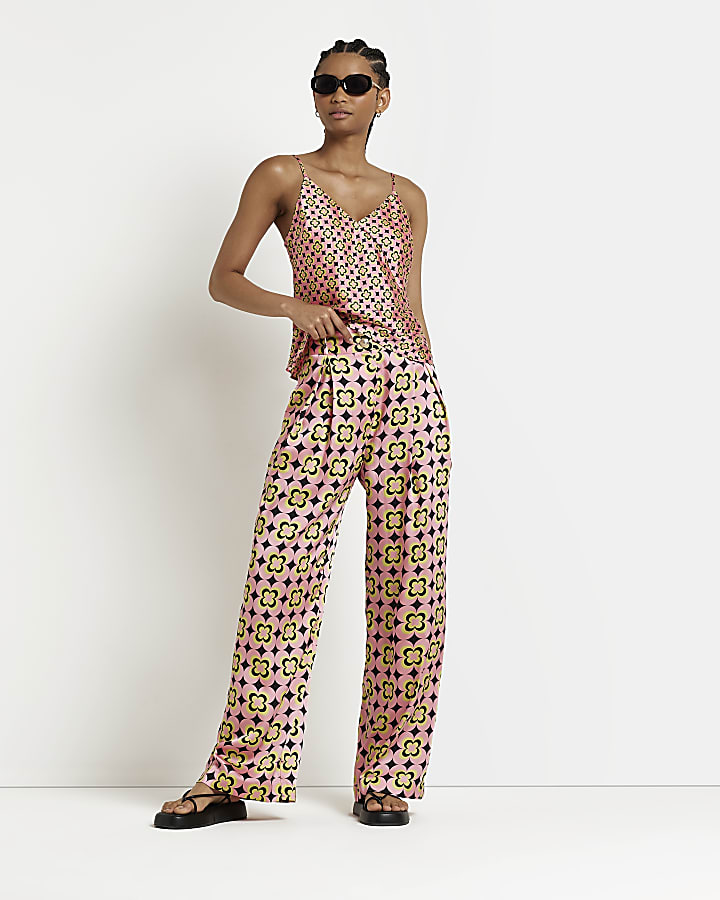Pink floral satin wide leg trousers