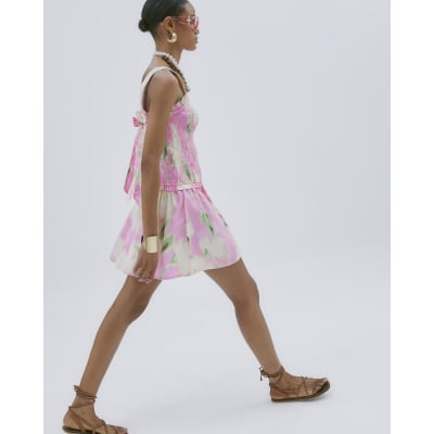 open lace back dress Bright pink floral River Island y2k party dress  8Ball Custom Vintage