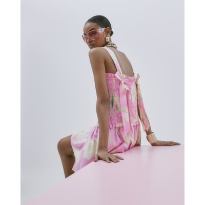 Pink Floral Shirred Mini Dress