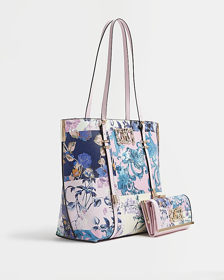 Pink floral shoulder bag and purse set