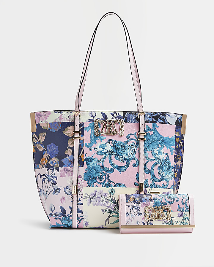 Pink floral shoulder bag and purse set