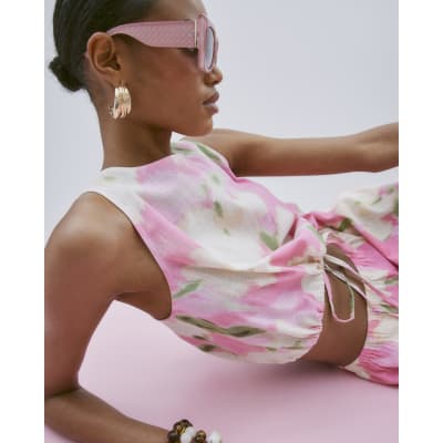 Pink Floral Sleeveless Bubble Hem Tank Top