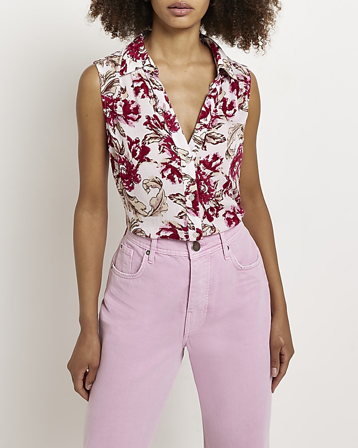 Pink floral sleeveless shirt