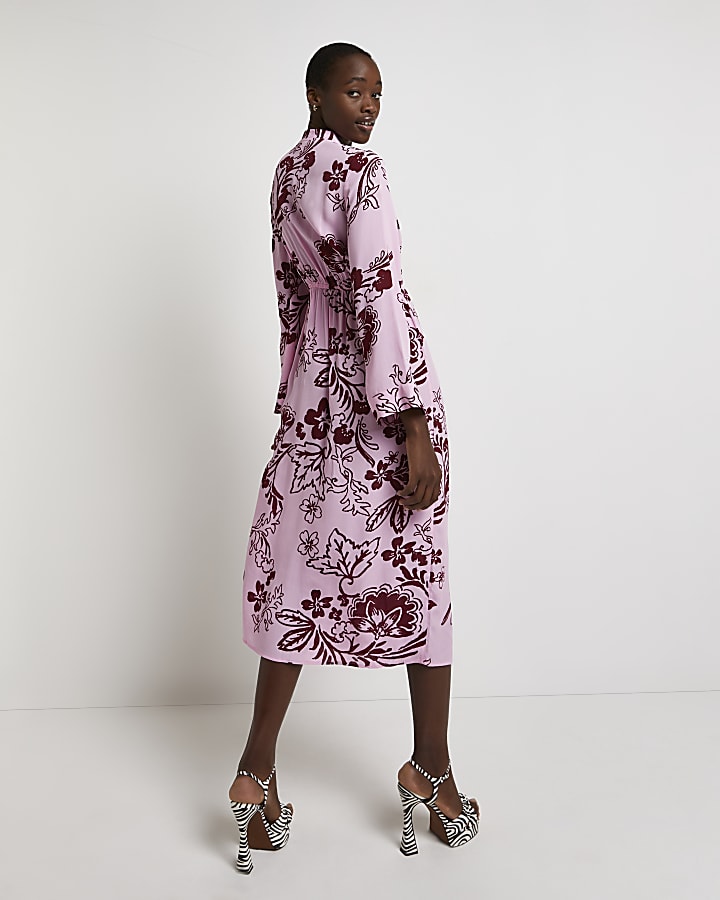 Pink floral tie front midi dress