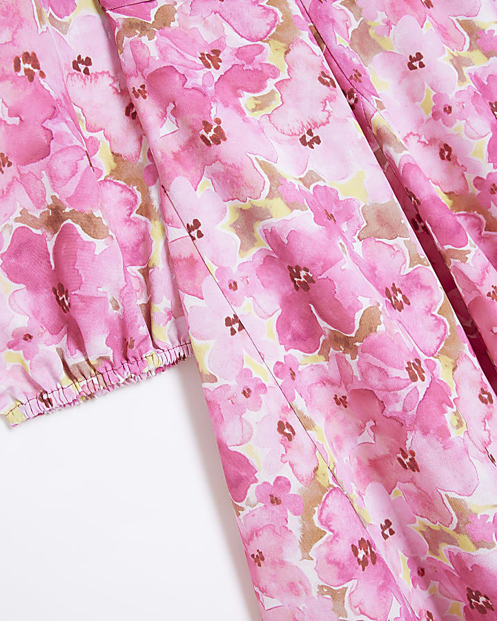 Pink floral tie waist smock mini dress