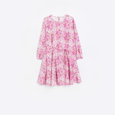 Pink floral tie waist smock mini dress