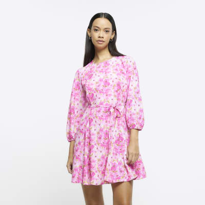 Pink floral tie waist smock mini dress