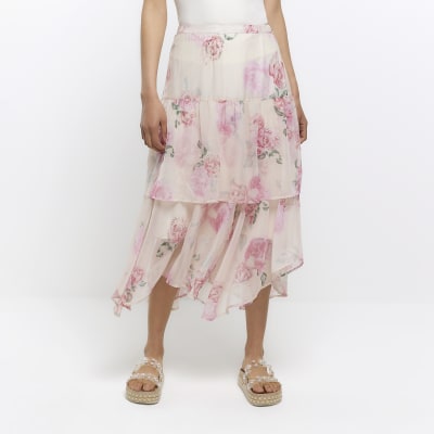 Pink floral tiered midi skirt | River Island