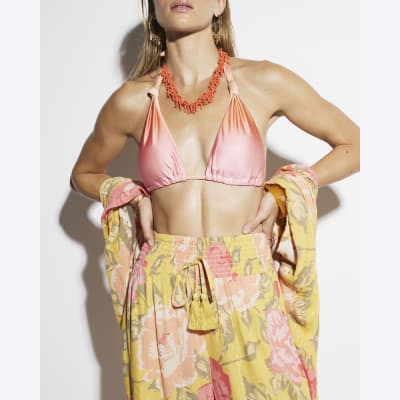 Pink floral wide leg trousers deals