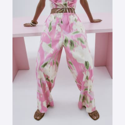 Pink Floral Wide Leg Trousers