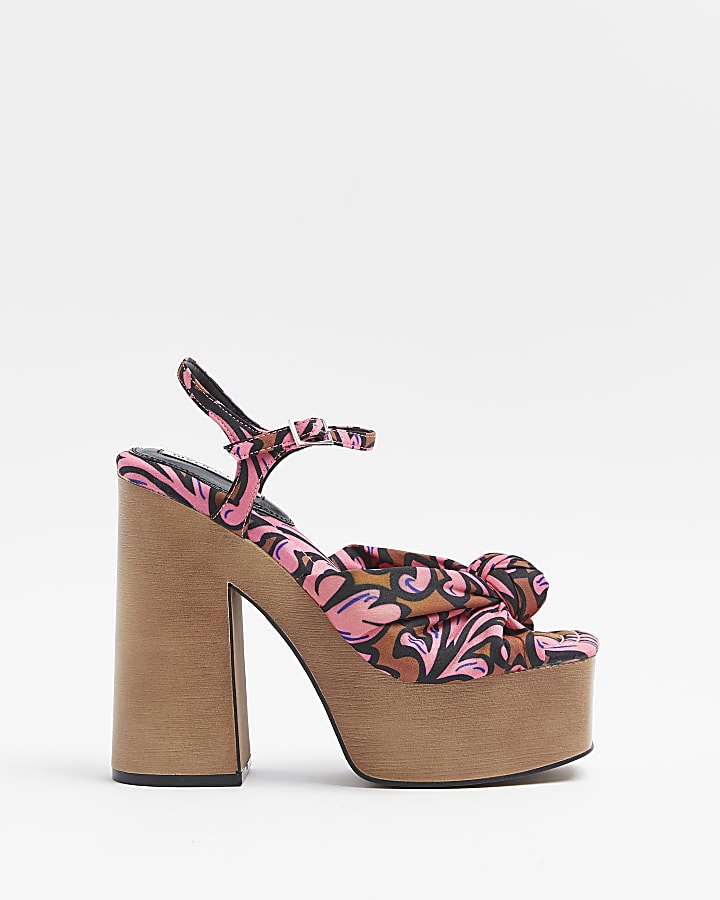 Pink floral wooden platform heeled sandals
