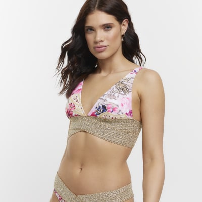Pink floral wrap bikini top