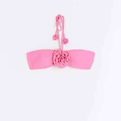 Pink flower bandeau bikini top River Island