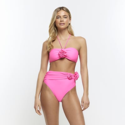 River Island monogram bandeau bikini top in pink