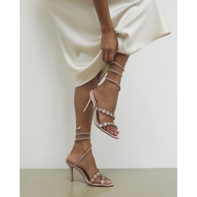 Pink Flower Embellished Wrap Heeled Sandals