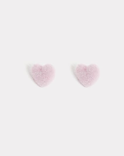 Pink fluffy heart stud earrings