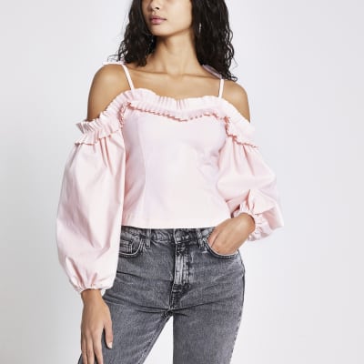 Pink frill bardot long volume sleeve top River Island