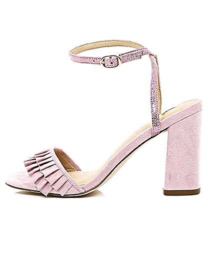 360 degree animation of product Pink frill strap block heel sandals frame-21