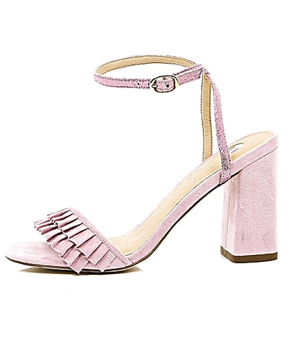 360 degree animation of product Pink frill strap block heel sandals frame-22