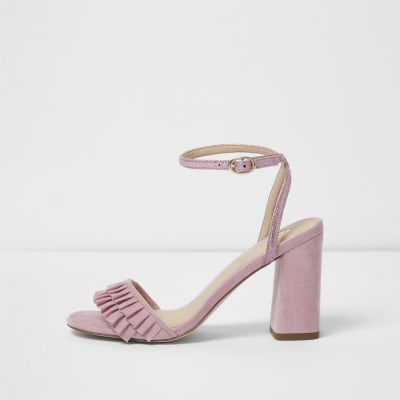 Pink frill strap block heel sandals