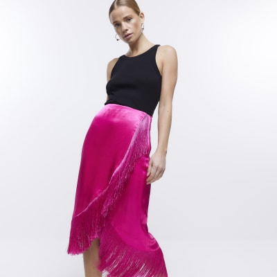 Pink Fringe Wrap Midi Skirt