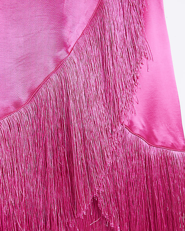 Pink Fringe Wrap Midi Skirt