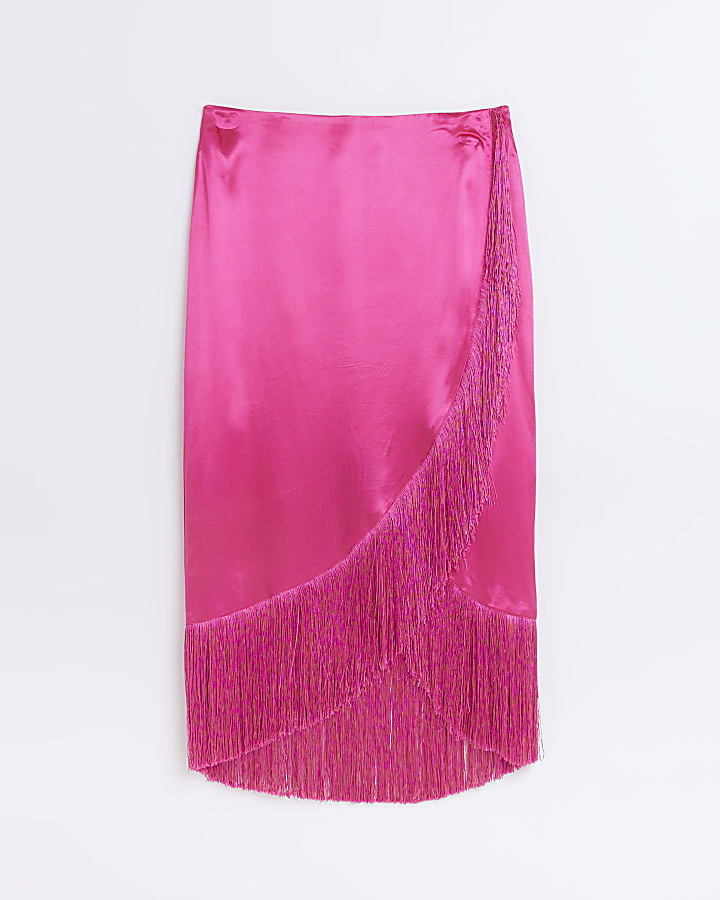 Pink Fringe Wrap Midi Skirt