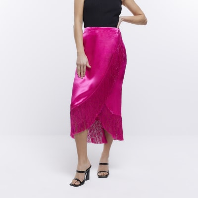 Pink Fringe Wrap Midi Skirt