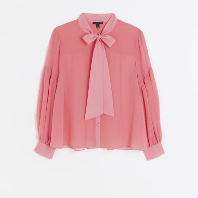 Pink front tie long sleeve shirt River Island