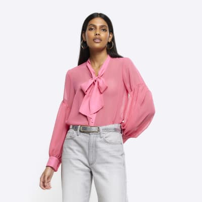 Pink front tie long sleeve shirt River Island