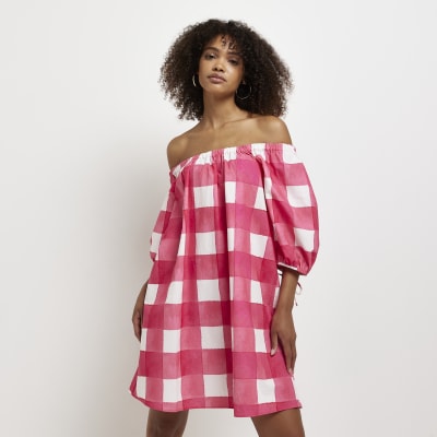 pink gingham bardot dress