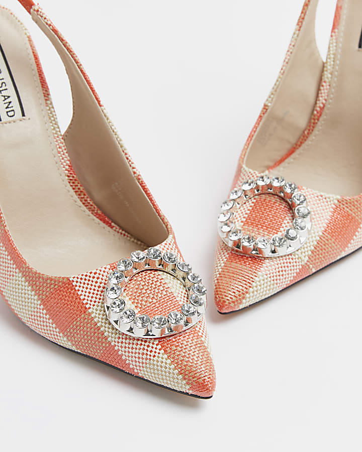 Pink gingham embellished court shoes