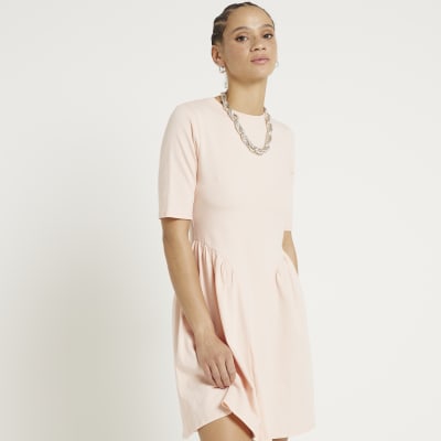 Pink godet detail t-shirt mini dress | River Island