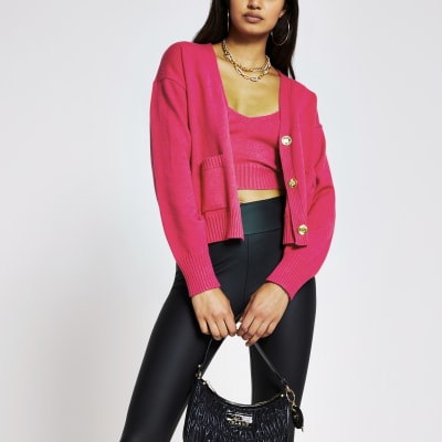 Pink gold button knitted cardigan River Island