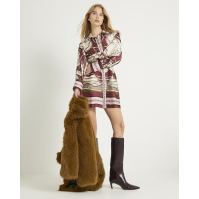 Pink Graphic Print Belted Shirt Dress