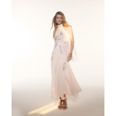 Pink Halter Embroidered Tassel Midi Dress