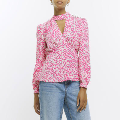 Pink heart print high neck blouse | River Island