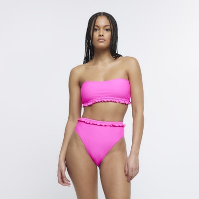 River Island monogram bandeau bikini top in pink